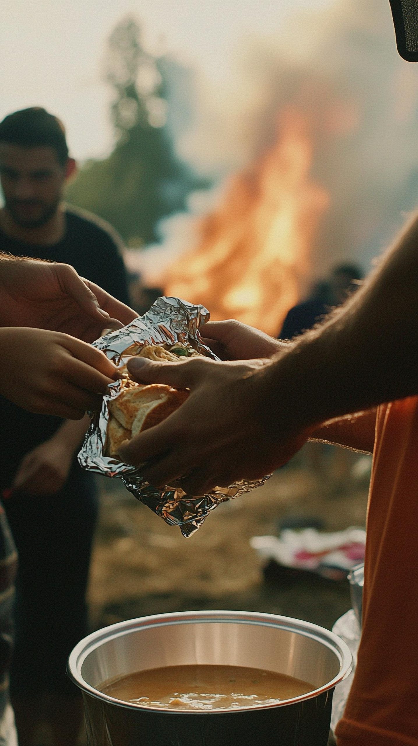 Volunteers distributing food near a large fire. Community support and aid in action.